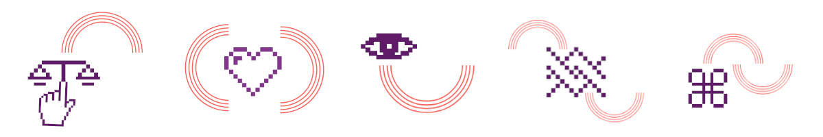 Cinco iconos violeta con líneas curvas color coral. Los iconos son, en orden de aparición: balanza, corazón, ojo, red, divers
